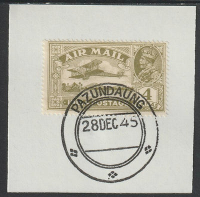 India Used in Burma 1929 Air 4a olive-green on piece with full strike of Madame Joseph forged postmark type 106