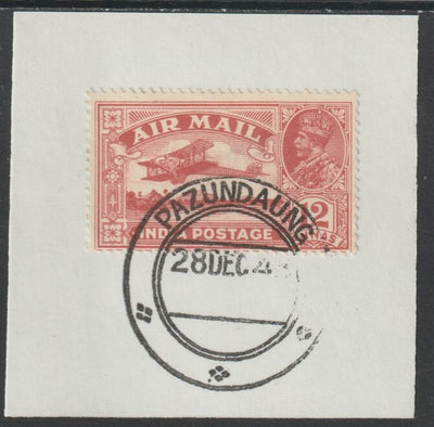 India Used in Burma 1929 Air 12a rose-red on piece with full strike of Madame Joseph forged postmark type 106