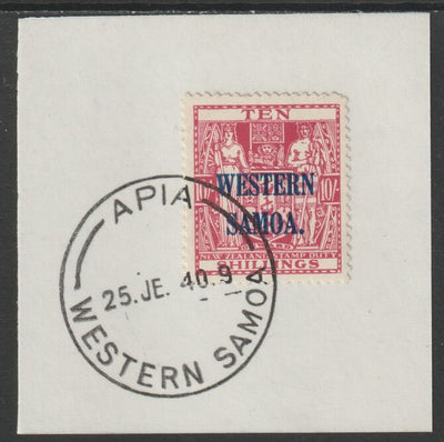 Samoa 1935 Arms 10s carmine-lake on piece cancelled with full strike of Madame Joseph forged postmark type 376