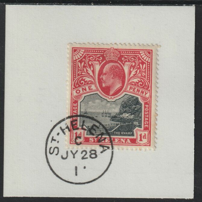 St Helena 1903 KE7 Pictorial 1d on piece with full strike of Madame Joseph forged postmark type 338