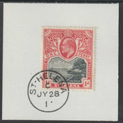 St Helena 1903 KE7 Pictorial 1d on piece with full strike of Madame Joseph forged postmark type 338