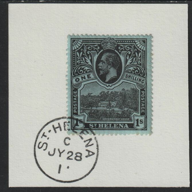 St Helena 1912 KG5 Pictorial 1s on piece with full strike of Madame Joseph forged postmark type 338