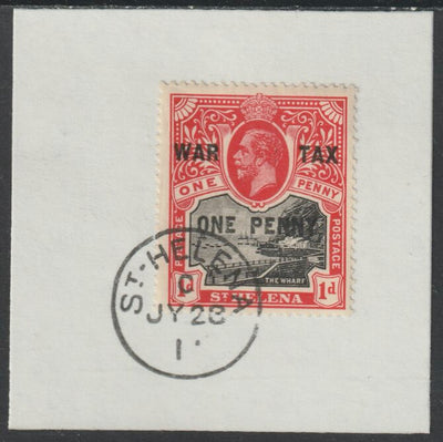 St Helena 1916 War Tax One Penny on piece with full strike of Madame Joseph forged postmark type 338