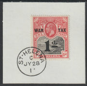 St Helena 1919 War Tax 1d on piece with full strike of Madame Joseph forged postmark type 338