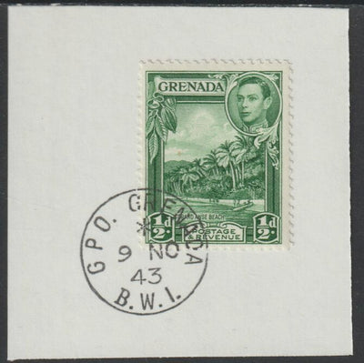 Grenada 1938 KG6 1/2d green on piece cancelled with full strike of Madame Joseph forged postmark type 209