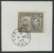 Grenada 1938 KG6 3d black & olive-green on piece cancelled with full strike of Madame Joseph forged postmark type 209