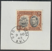Grenada 1938 KG6 1s black & brown on piece cancelled with full strike of Madame Joseph forged postmark type 209