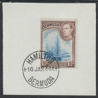 Bermuda 1938 KG6 1.5d blue & purple-brown on piece cancelled with full strike of Madame Joseph forged postmark type 64
