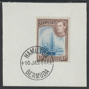 Bermuda 1938 KG6 1.5d blue & purple-brown on piece cancelled with full strike of Madame Joseph forged postmark type 64