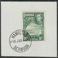 Bermuda 1938 KG6 1s green on piece cancelled with full strike of Madame Joseph forged postmark type 64
