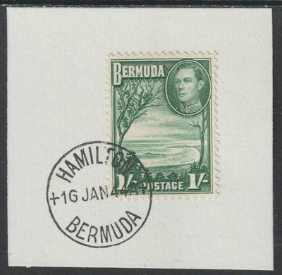 Bermuda 1938 KG6 1s green on piece cancelled with full strike of Madame Joseph forged postmark type 64