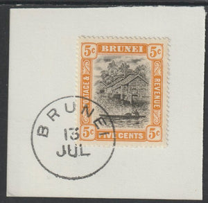 Brunei 1908 River Scene 5c black & orange (SG40) on piece with full strike of Madame Joseph forged postmark type 104