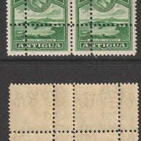Antigua 1938 KG6 1/2d green horizontal pair with perforations doubled unmounted mint but light foxing. Note: the stamps are genuine but the additional perfs are a slightly different gauge identifying it to be a forgery.