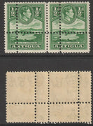 Antigua 1938 KG6 1/2d green horizontal pair with perforations doubled unmounted mint but light foxing. Note: the stamps are genuine but the additional perfs are a slightly different gauge identifying it to be a forgery.