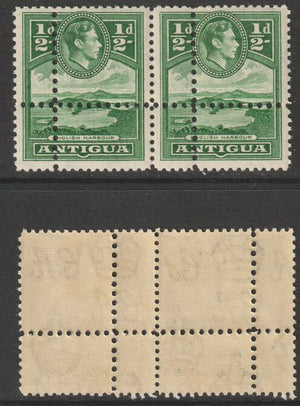 Antigua 1938 KG6 1/2d green horizontal pair with perforations doubled unmounted mint but light foxing. Note: the stamps are genuine but the additional perfs are a slightly different gauge identifying it to be a forgery.