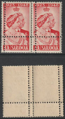 Sarawak 1948 KG6 Royal Silver Wedding 8c horizontal pair with perforations doubled unmounted mint but some foxing. Note: the stamps are genuine but the additional perfs are a slightly different gauge identifying it to be a forgery.