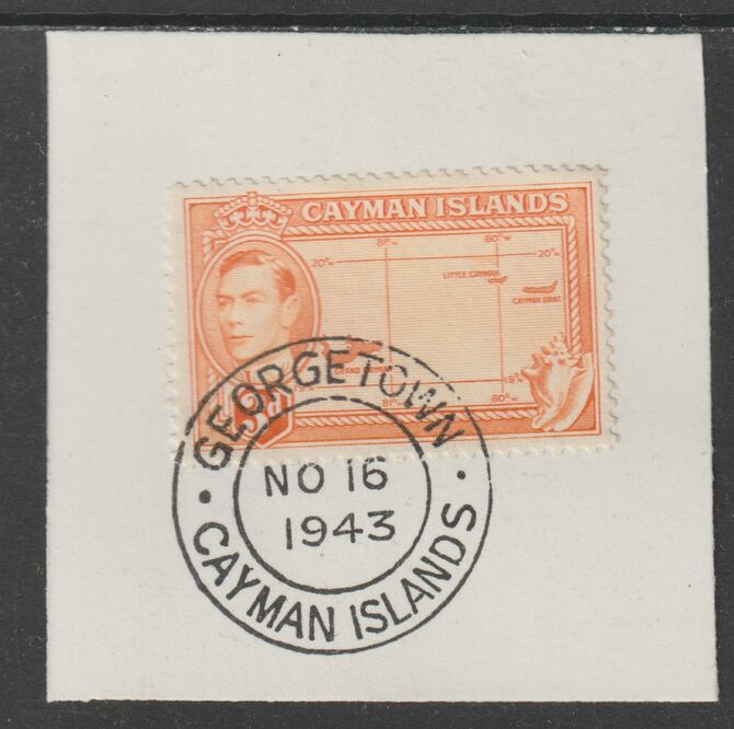 Cayman Islands 1938 KG6 Pictorial def 3d orange (Map) on piece with full strike of Madame Joseph forged postmark type 116 or 118
