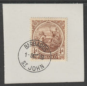 Barbados 1916-19 Large Britannia 1/4d bown on piece with full strike of Madame Joseph forged postmark type 45