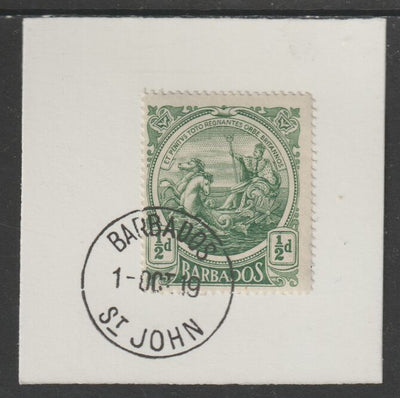 Barbados 1916-19 Large Britannia 1/2d green on piece with full strike of Madame Joseph forged postmark type 45