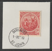 Barbados 1916-19 Large Britannia 1d deep red on piece with full strike of Madame Joseph forged postmark type 45
