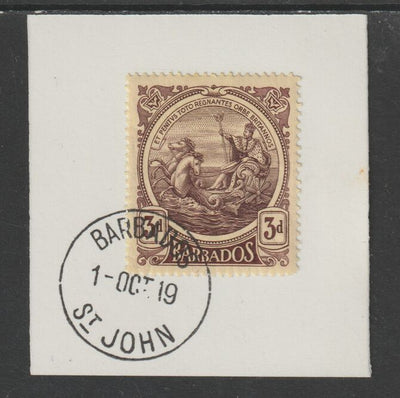 Barbados 1916-19 Large Britannia 3d purple on yellow on piece with full strike of Madame Joseph forged postmark type 45