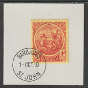 Barbados 1916-19 Large Britannia 4d red on yellow on piece with full strike of Madame Joseph forged postmark type 45