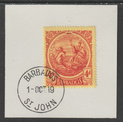 Barbados 1916-19 Large Britannia 4d red on yellow on piece with full strike of Madame Joseph forged postmark type 45