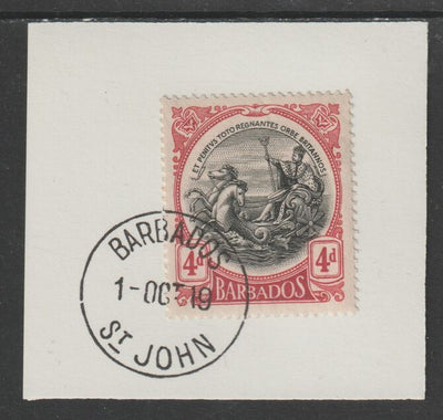 Barbados 1916-19 Large Britannia 4d black & red on piece with full strike of Madame Joseph forged postmark type 45