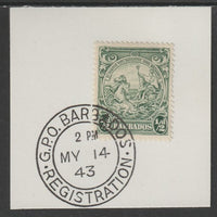 Barbados 1938 KG6 Britannia 1/2d green on piece with full strike of Madame Joseph forged postmark type 47