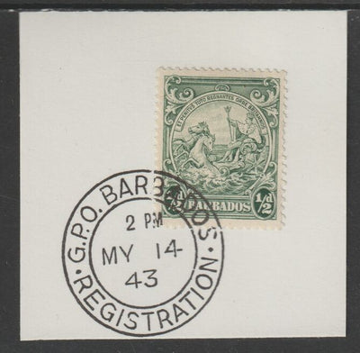 Barbados 1938 KG6 Britannia 1/2d green on piece with full strike of Madame Joseph forged postmark type 47