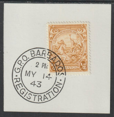 Barbados 1938 KG6 Britannia 1/2d yellow-bistre on piece with full strike of Madame Joseph forged postmark type 47