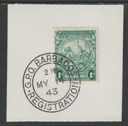 Barbados 1938 KG6 Britannia 1d blue-green on piece with full strike of Madame Joseph forged postmark type 47
