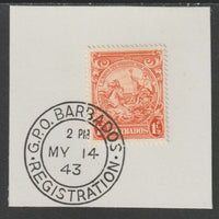Barbados 1938 KG6 Britannia 1.5d orange on piece with full strike of Madame Joseph forged postmark type 47