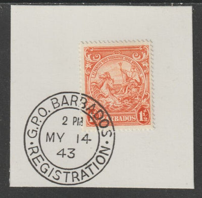 Barbados 1938 KG6 Britannia 1.5d orange on piece with full strike of Madame Joseph forged postmark type 47