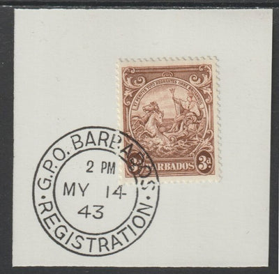 Barbados 1938 KG6 Britannia 3d brown on piece with full strike of Madame Joseph forged postmark type 47