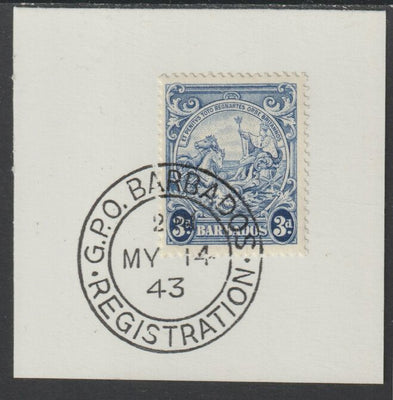 Barbados 1938 KG6 Britannia 3d blue on piece with full strike of Madame Joseph forged postmark type 47