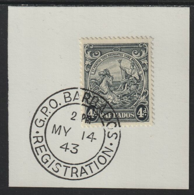 Barbados 1938 KG6 Britannia 4d black on piece with full strike of Madame Joseph forged postmark type 47