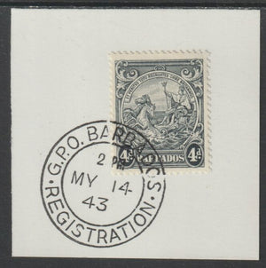 Barbados 1938 KG6 Britannia 4d black on piece with full strike of Madame Joseph forged postmark type 47