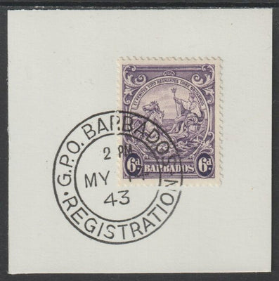 Barbados 1938 KG6 Britannia 6d violet on piece with full strike of Madame Joseph forged postmark type 47