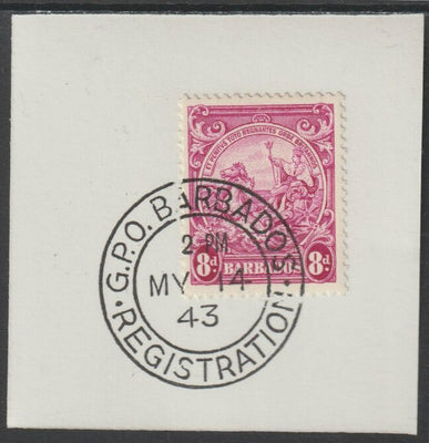 Barbados 1938 KG6 Britannia 8d magenta on piece with full strike of Madame Joseph forged postmark type 47