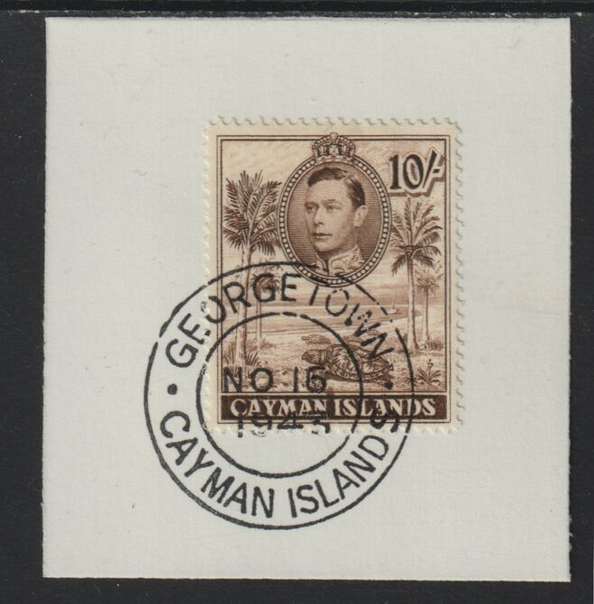 Cayman Islands 1938 KG6 Pictorial def 10s carmine (Schooner) on piece with full strike of Madame Joseph forged postmark type 116 or 118