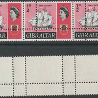 Gibraltar 1967 HMS Victory 1/2d horiz strip of 3 with perforations doubled (stamps are quartered), unmounted mint. Note: the stamps are genuine but the additional perfs are a slightly different gauge identifying it to be a forgery.