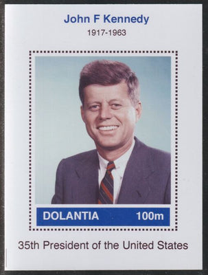 Dolantia (Fantasy) John F Kennedy imperf deluxe sheetlet on glossy card (75 x 103 mm) unmounted mint