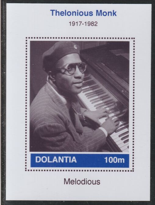 Dolantia (Fantasy) Thelonious Monk imperf deluxe sheetlet on glossy card (75 x 103 mm) unmounted mint