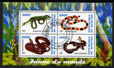 Burundi 2011 Fauna of the World - Reptiles - Snakes #3 perf sheetlet containing 4 values fine cto used