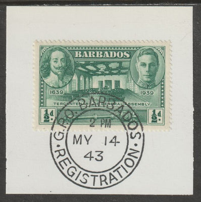 Barbados 1939 KG6 Tercentenary 1/2d green on piece with full strike of Madame Joseph forged postmark type 47