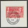 Barbados 1939 KG6 Tercentenary 1d scarlet on piece with full strike of Madame Joseph forged postmark type 47