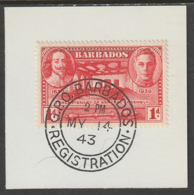 Barbados 1939 KG6 Tercentenary 1d scarlet on piece with full strike of Madame Joseph forged postmark type 47