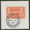 Barbados 1939 KG6 Tercentenary 1.5d orange on piece with full strike of Madame Joseph forged postmark type 47