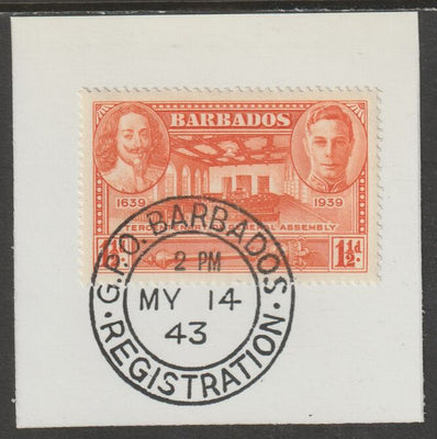 Barbados 1939 KG6 Tercentenary 1.5d orange on piece with full strike of Madame Joseph forged postmark type 47